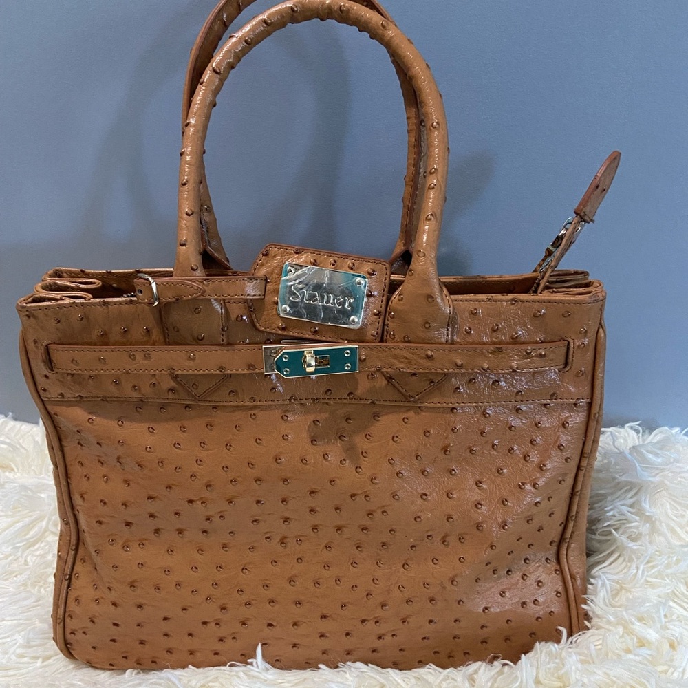Classic Tan Faux-Ostrich Tote Handbag